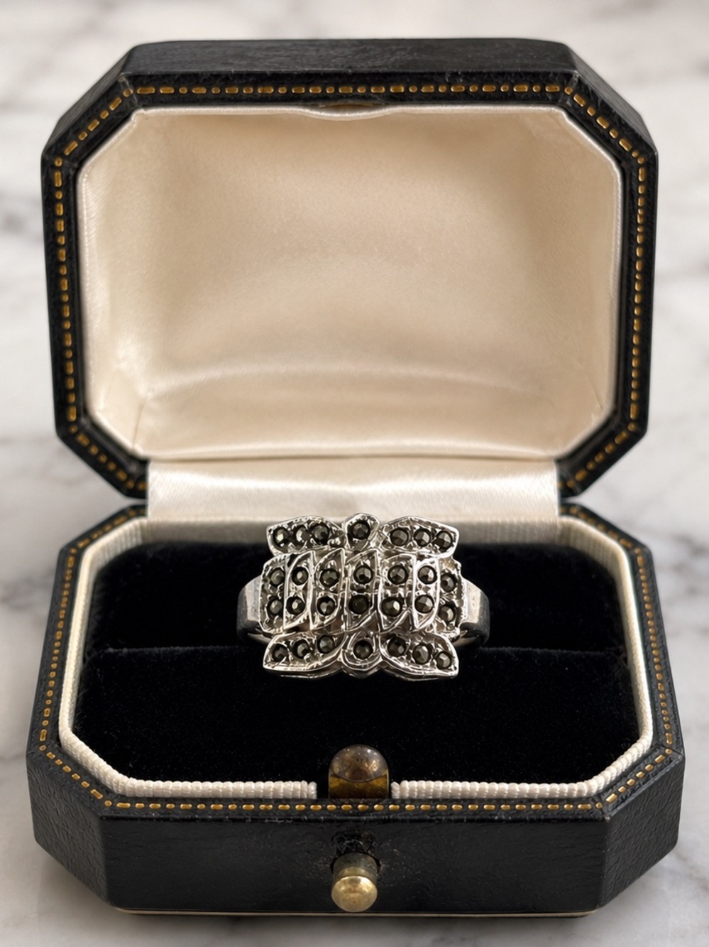 Vintage 1930s Austrian German Sterling Silver Marcasite Art Deco Geometric Ring